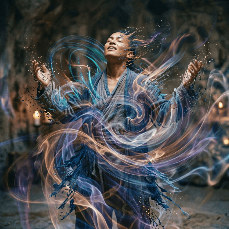 Person with eyes closed, arms raised, enveloped in swirling colorful mystical energy
