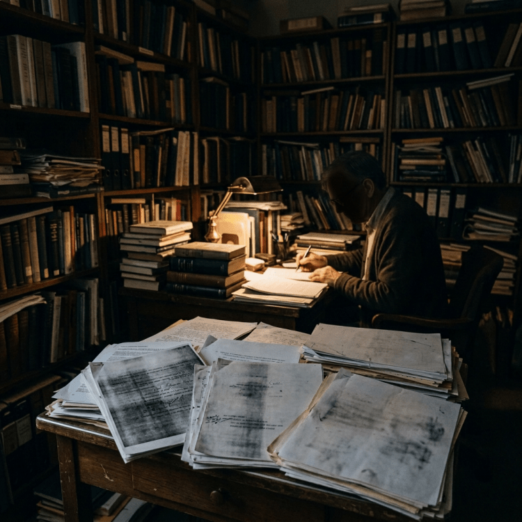 Researcher writing at desk with papers and books in library