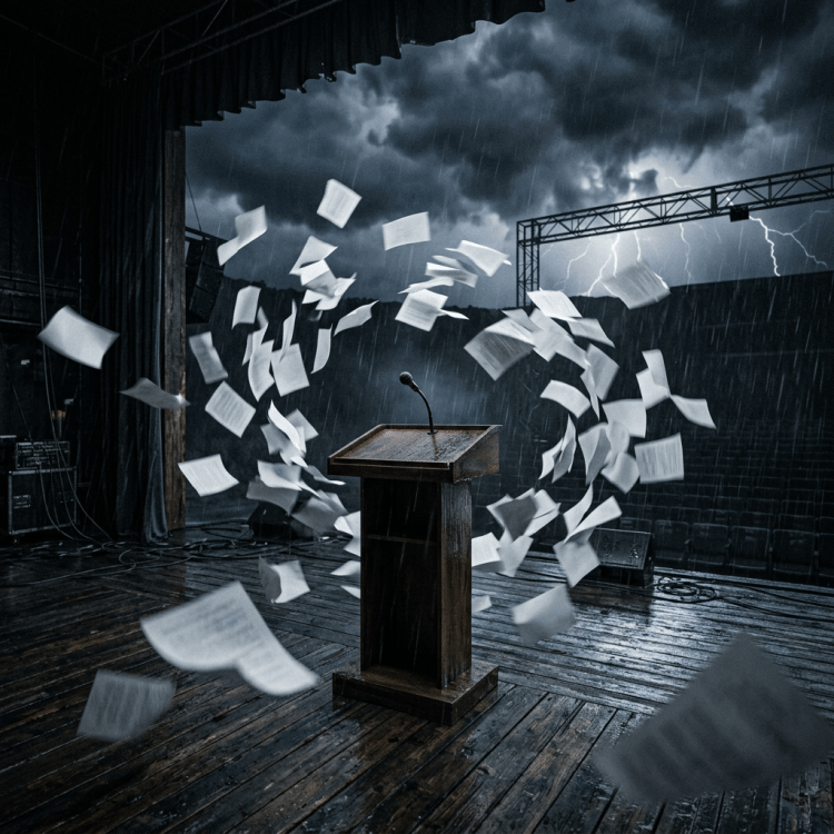 Empty wooden podium with microphone on stage, papers flying in rain and lightning in background