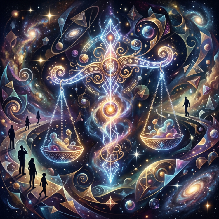 Glowing cosmic scales with flowing energy and human silhouettes walking paths in star-filled space