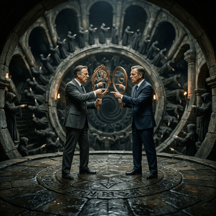 Two hooded figures pointing at each other in a spiraling arched chamber with matching robed statues around