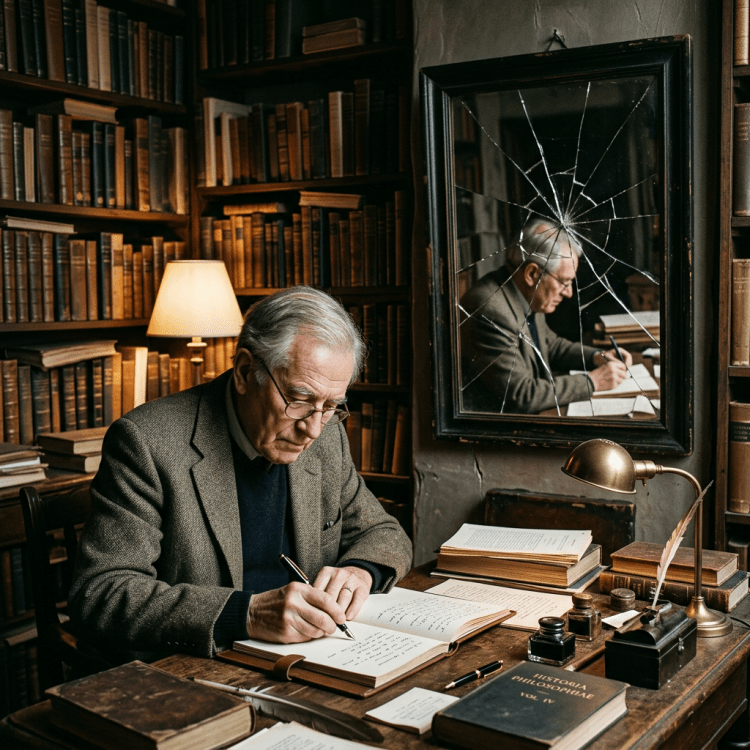 Elderly man writing in open book at wooden desk surrounded by antique books in library