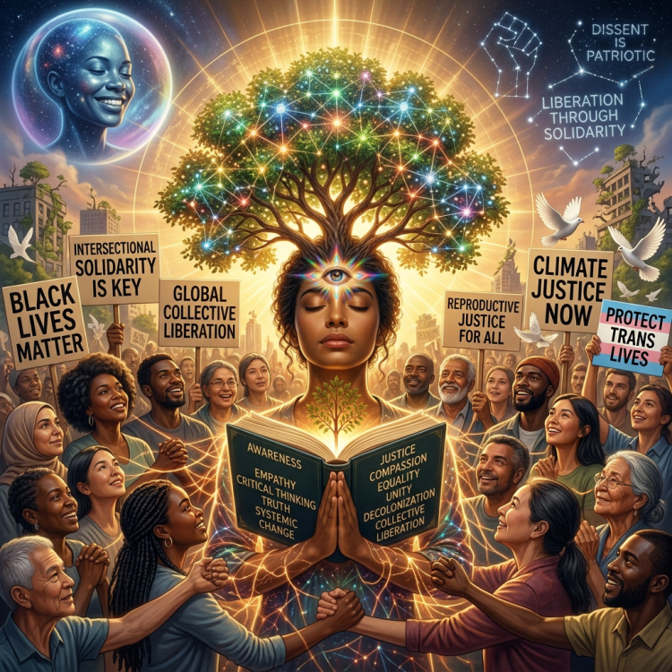 Radiant person with third eye holding book labeled awareness, empathy, justice, equality, and unity