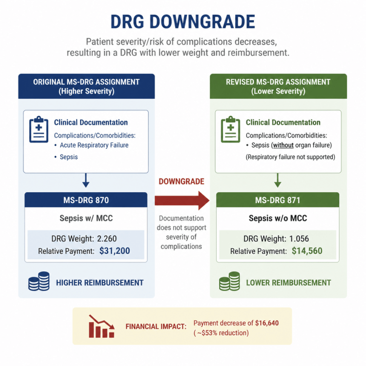DRG downgrade from MS-DRG 870 to 871 reduces payment from $31,200 to $14,560